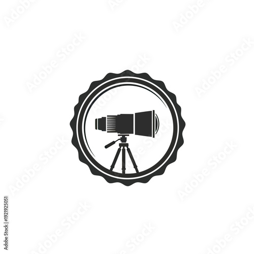 Silhouette of a telescope and tripod inside a scalloped circle, on a white background