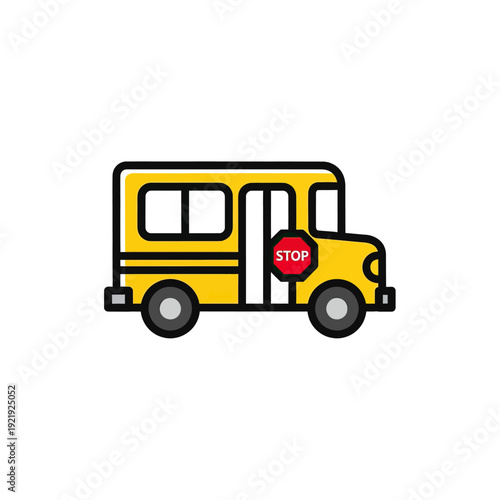 Cartoon illustration of a yellow school bus with black accents, a stop sign, and white background