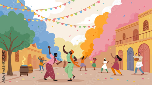Vibrant Indian festival of colors, people celebrating Holi with joy and laughter, throwing colorful powder in a street party with traditional buildings and festive flags.