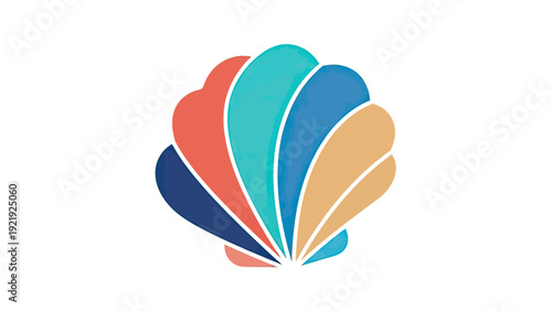 Colorful shell graphic on white background. Abstract design with layered, vibrant shapes