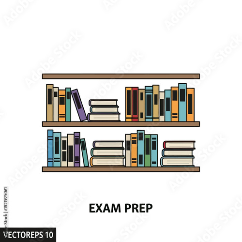 Two-tiered bookshelf illustration with colorful books and stacks, labeled "EXAM PREP