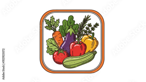 A stylized illustration of a variety of vegetables in a rectangular-rounded frame