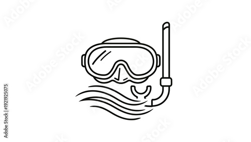 A black and white line drawing of a diving mask and snorkel, with waves below
