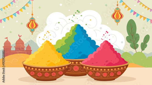 Three bowls overflowing with vibrant Holi powders in yellow, green, and pink, set against a festive Indian background with lanterns and temple.