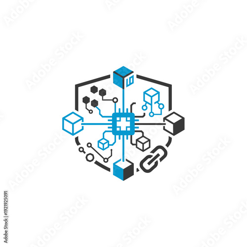 Geometric illustration featuring a central circuit board connected to data blocks and a chain link