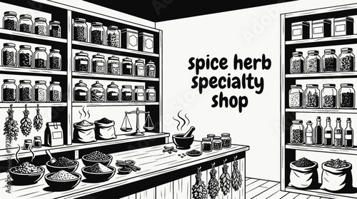 spice herb food shop interior store counter shelf aroma display customer retail market product commerce business design vector illustration