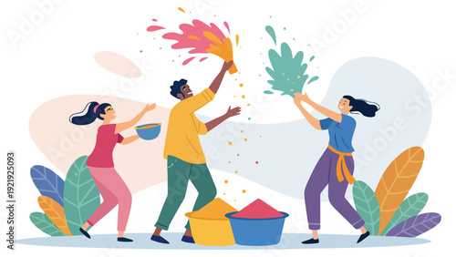 Friends joyfully playing with colored powder during a vibrant festival, throwing pigment and celebrating together with smiles and energy.