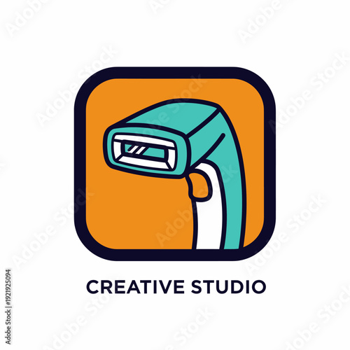 A teal & white object in a orange/black rounded rectangle. "CREATIVE STUDIO" below