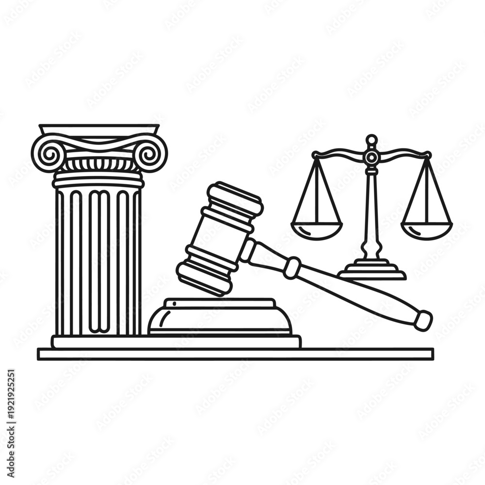 Naklejka premium A monochrome illustration of justice symbols column, gavel, scales