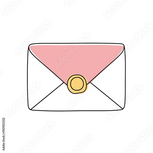 Simple, outlined envelope with a pink interior, and a gold seal. White background
