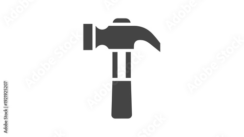 Dark gray hammer icon on white. Head, claw, handle. Simple design. Basic tool illustration