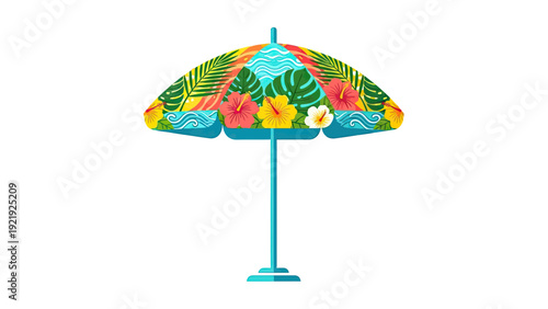 A colorful beach umbrella with tropical floral and wave patterns, against a white background