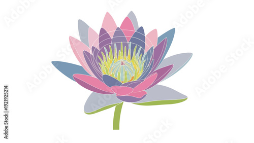 A stylized, colorful lotus flower with overlapping petals against a white background