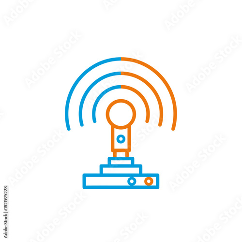 Stylized, two-tone icon of a tower emitting radio waves, with concentric arcs