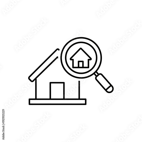 Simple black outline of a house being inspected with a magnifying glass