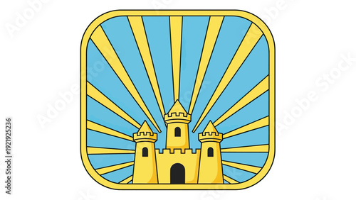 A golden castle design set within a light blue background of sunburst rays