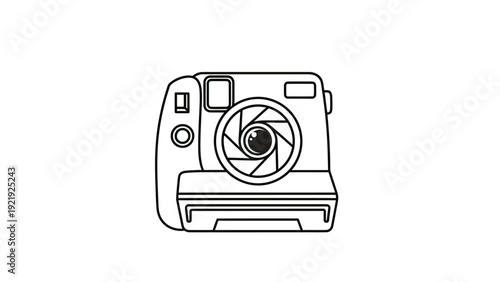 Line art illustration of an instant camera. Features lens, viewfinder, and outline of the body