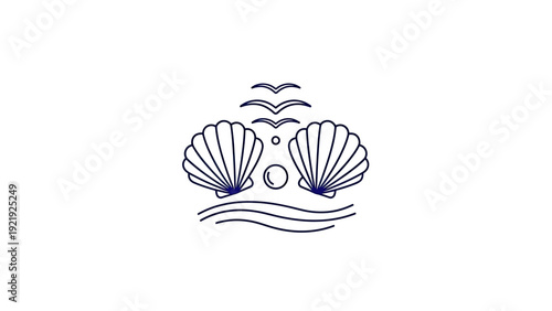 A minimalistic line art design featuring seashells, birds, a pearl, and waves