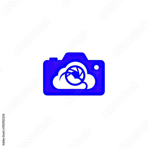 A blue camera icon with a cloud-shaped lens and white backdrop