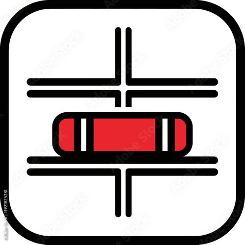 A red rectangular element is centrally placed between black lines within a rounded square