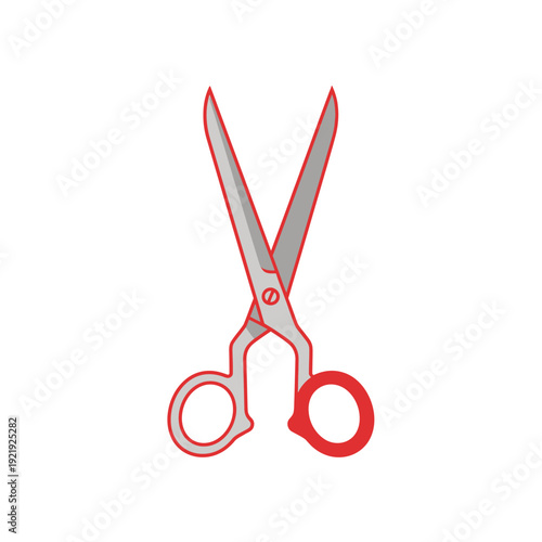 Graphic of scissors on white background. Blade edges red, center silver, loops red