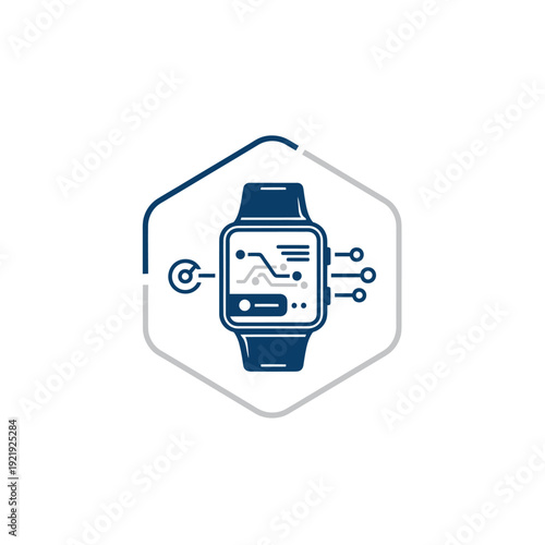 A stylized smartwatch icon with circuit elements inside a hexagon