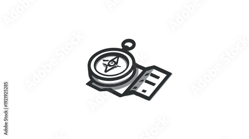 A stylized black and white illustration of a compass and map. Concept for direction and travel