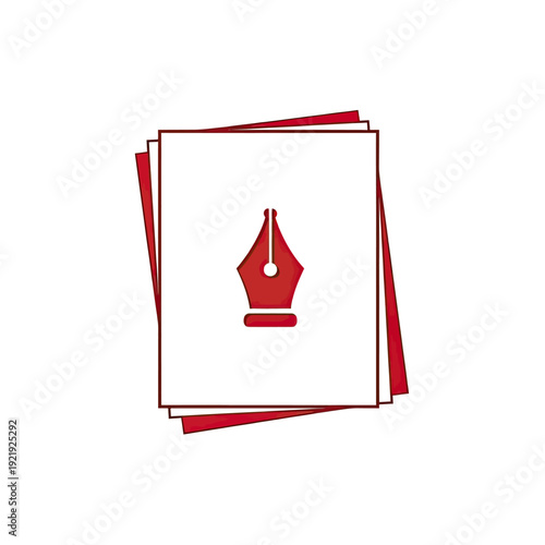 A red pen nib on white paper stacked at an angle, with a dark outline