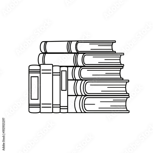 A stack of books, in outline style, with spines facing left and the books on a white background