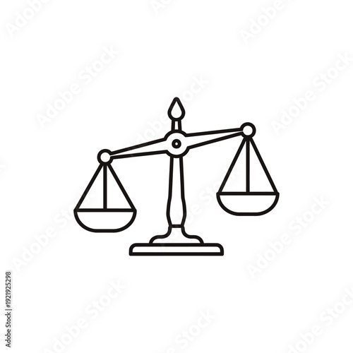 A black and white line drawing of a balanced scale with two weighted pans and a support