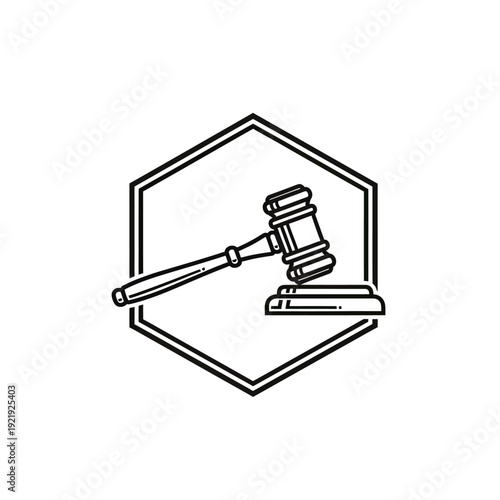 Black and white illustration of a gavel and its block within a hexagon frame