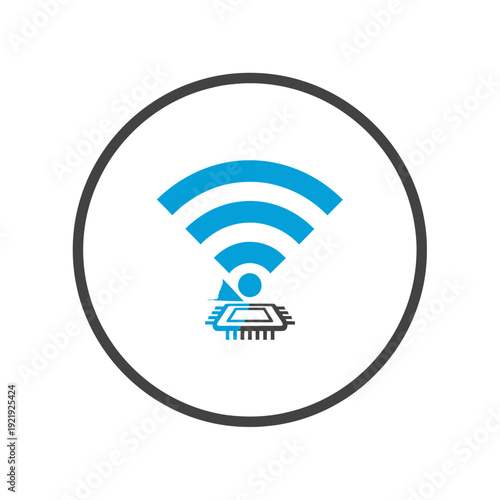 A blue wifi signal emitting from a circuit board, contained within a dark grey circle
