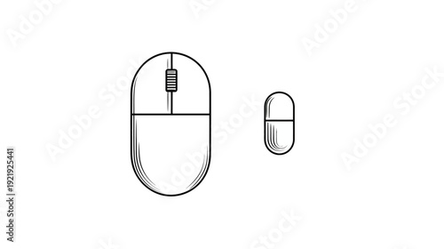 A computer mouse and a capsule in a minimalist black outline design on a white backdrop