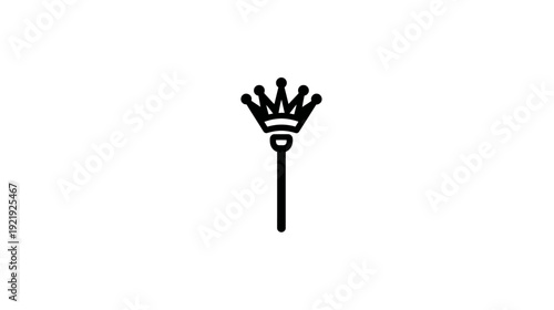 A black and white illustration of a crown-topped scepter on a white background