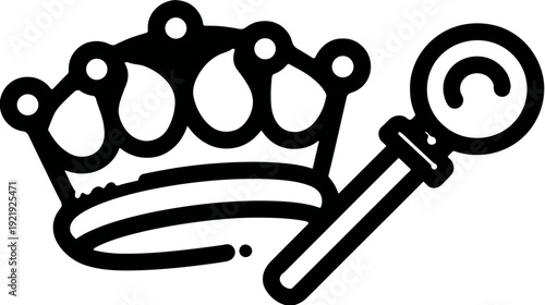 Black and white illustration depicts a royal crown and scepter in a simple, minimalist style