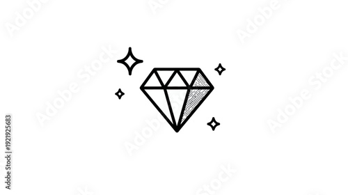 Black and white line art of a sparkling diamond gemstone, simple shapes