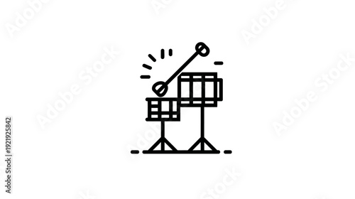 Black and white line art of a drum set being played. Drums are on stands