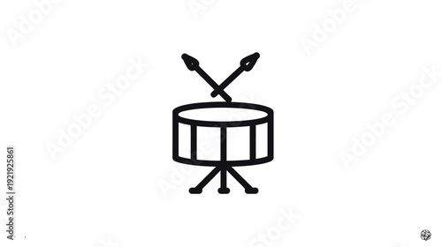 A simple, black line drawing of a snare drum with drumsticks on a white background