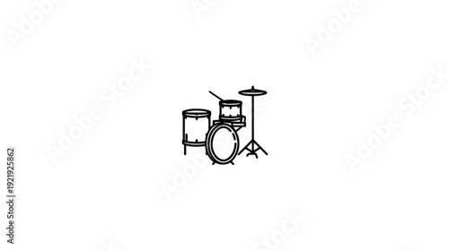 A simple outline of a drum kit, including a bass drum, snare, tom, cymbal and stands
