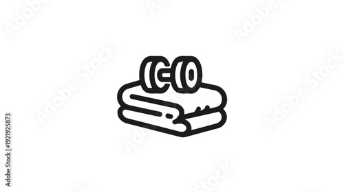 A black and white line art image of a dumbbell placed on top of folded towels, minimalist