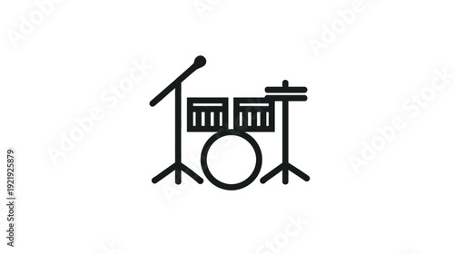 A simple, black-and-white icon depicting a drum set with a microphone stand against a white background