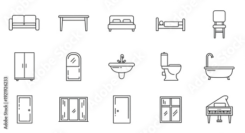 Collection of hand drawn furniture and home decor icons.