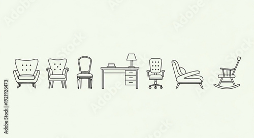 Collection of vintage furniture and desk illustration.