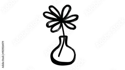 A black and white illustration of a stylized flower with petals in a vase
