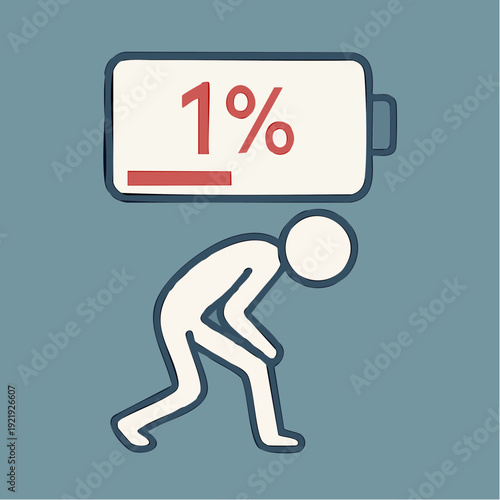 hunched figure stands beneath a large battery icon showing “1%,” the bright red indicator echoing their drained posture; simple shapes, muted palette create a powerful visual metaphor for exhaustion