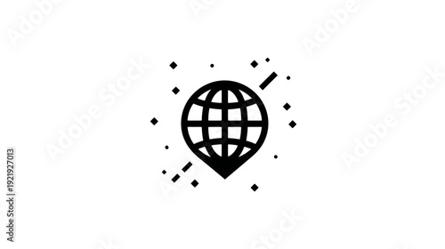 Black and white illustration of a globe icon surrounded by dots and geometric shapes