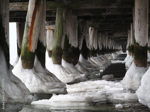 Dewniane słupy oblodzone u podstawy. Zima nad morzem. Molo w Sopocie.