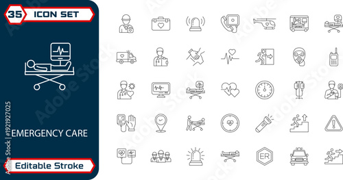 Emergency medical services minimal outline icons with editable stroke. EPS vector UI icons for healthcare app interface and dashboard.