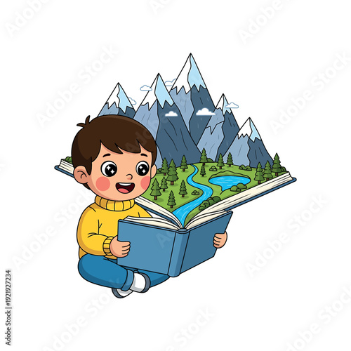 Young boy reading a book with a landscape scene illustration inside, floating in mid-air with mountains in the background