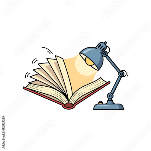 An illustration of a desk lamp shining light on an open book with pages fanning out.